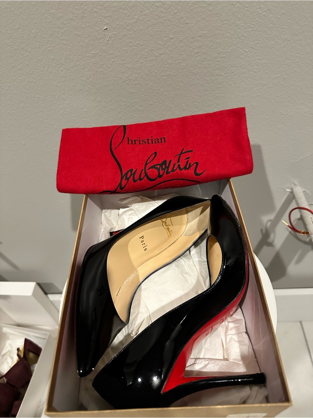Christian Louboutin Black Patent Pointed-Toe Pumps with Red Sole